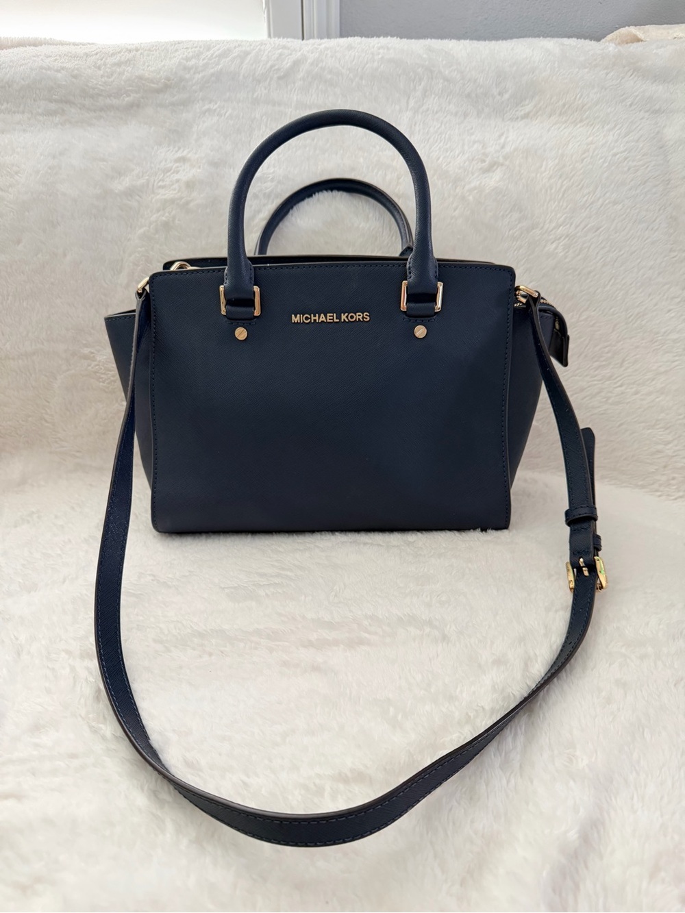Michael Kors Navy Saffiano Satchel with Gold Hardware